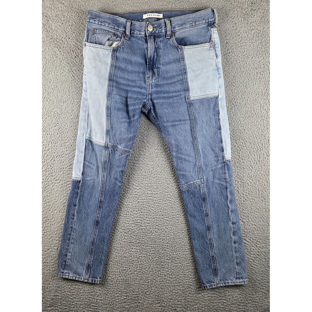 PacSun Eco Indigo Wash Patchwork Slim Taper Jeans Mens 32X30 (32x28) Blue